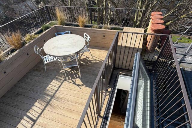Flat Roof conversion company West Hampstead London garden terrace builders, completed contemporary terrace conversion and refurbishments.