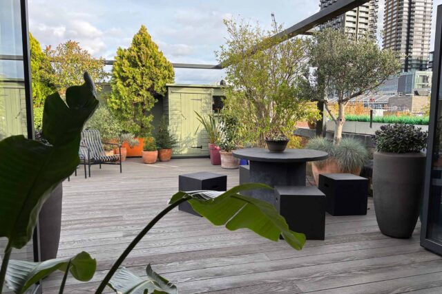 Flat roof conversion terrace garden builder Shoreditch London, installing a structure with structural joists & treated structural steels.